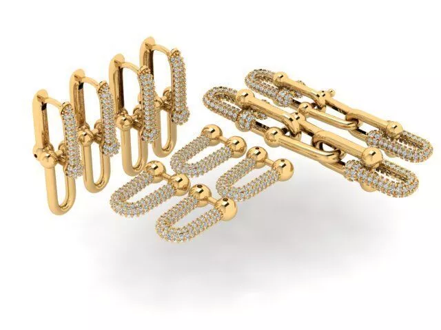 Luxury Hardware Gauge Link Bracelet and Earrings Pave Diamond 3D print model