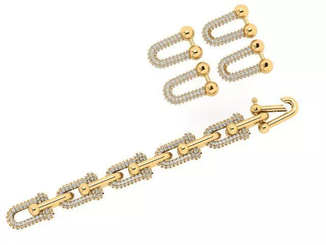 Luxury Hardware Gauge Link Bracelet and Earrings Pave Diamond 3D print model