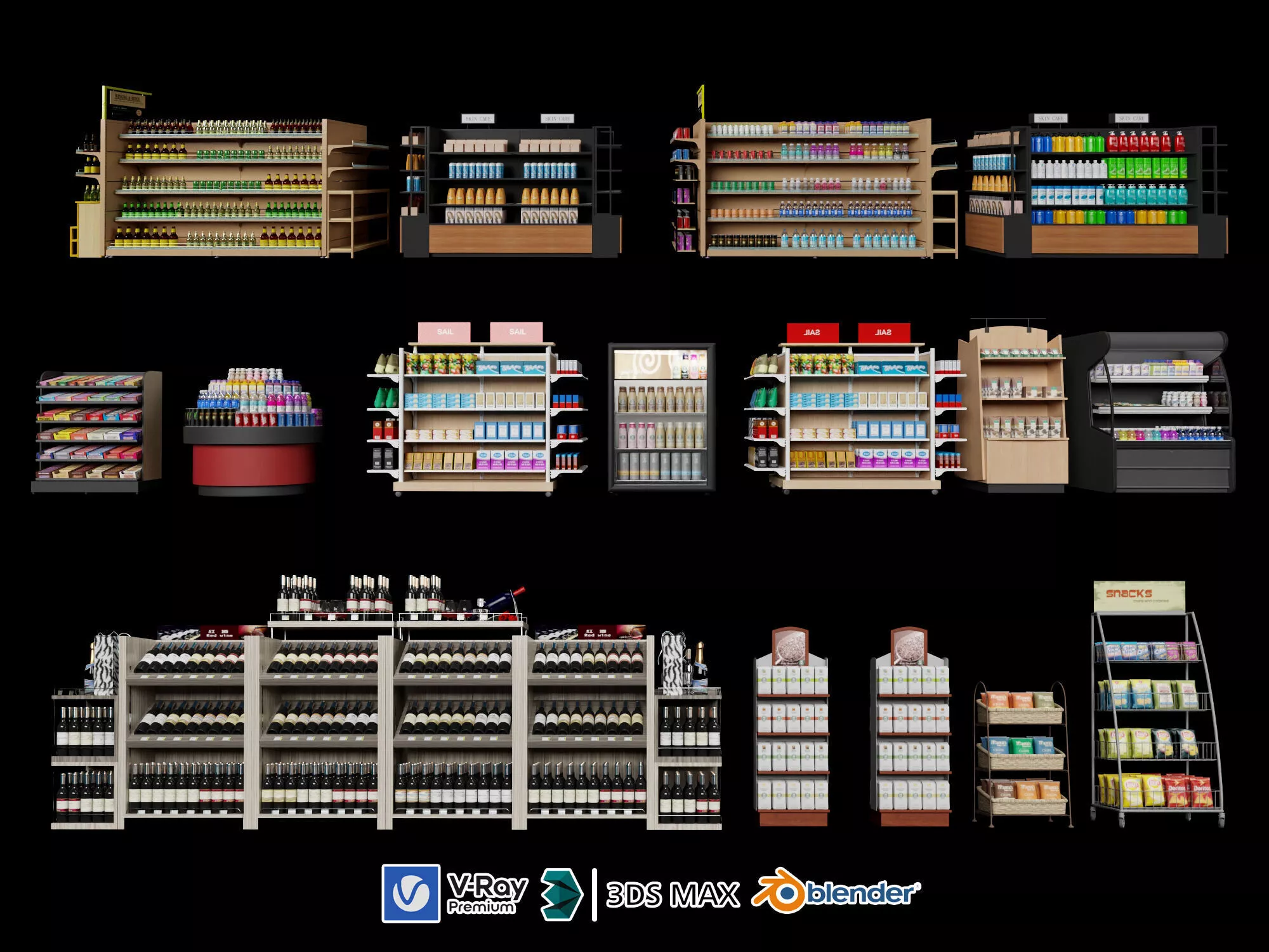 Convenience store supermarket shelves and display racks Low-poly 3D model
