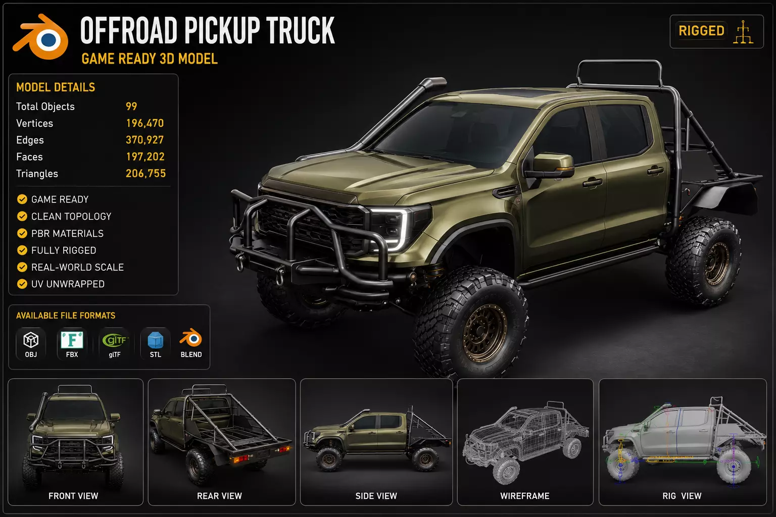 Off Road Pickup Truck 4x4 Rigged Game Ready Vehicle 3D Model 3D model