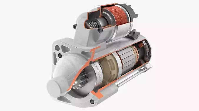 DC Cutaway Starter Motor with Housing 3D model 2