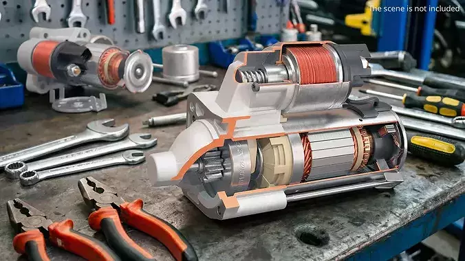 DC Cutaway Starter Motor with Housing 3D model