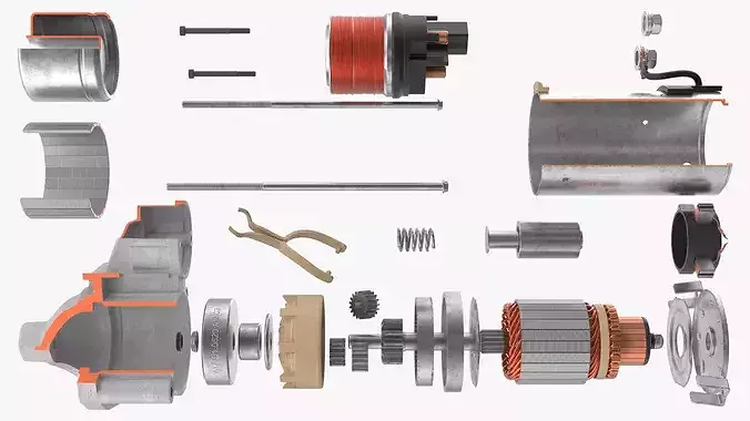 DC Cutaway Starter Motor with Housing 3D model 5