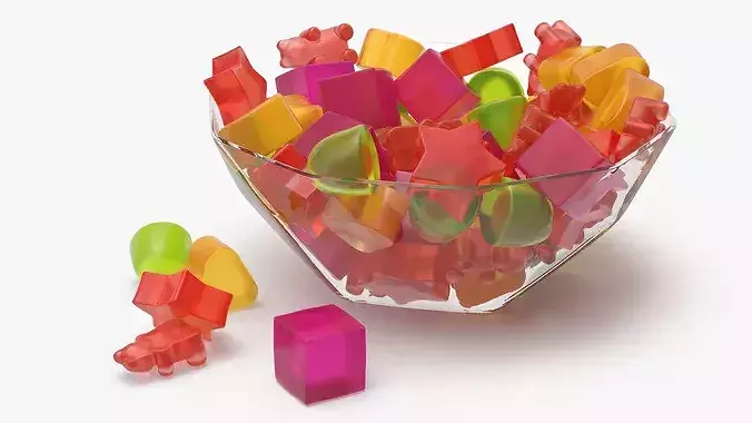 Fruit Flavor Gumdrops with Glass Bowl Set Multicolor 3D model 2
