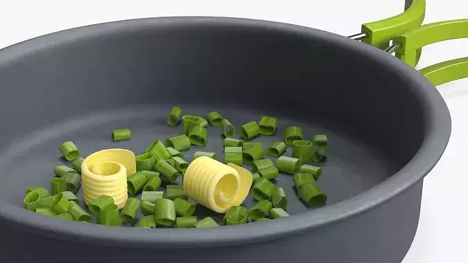 Frying Pan with Chopped Green Onion in Butter 3D model 7