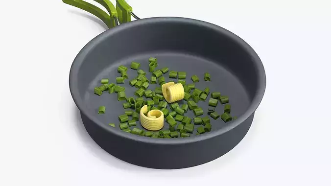Frying Pan with Chopped Green Onion in Butter 3D model 5