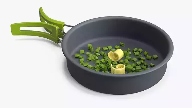 Frying Pan with Chopped Green Onion in Butter 3D model 2