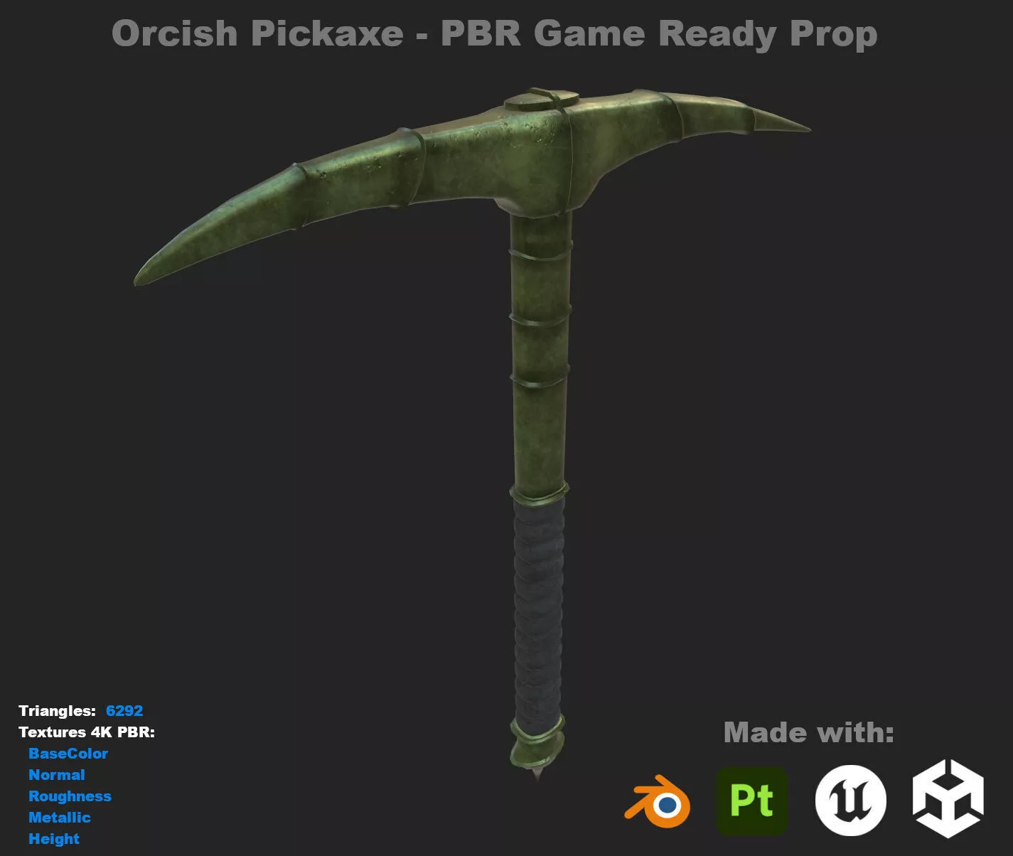 Orcish Pickaxe - Game Ready Fantasy Weapon PBR 4K Low Poly Prop Low-poly 3D model