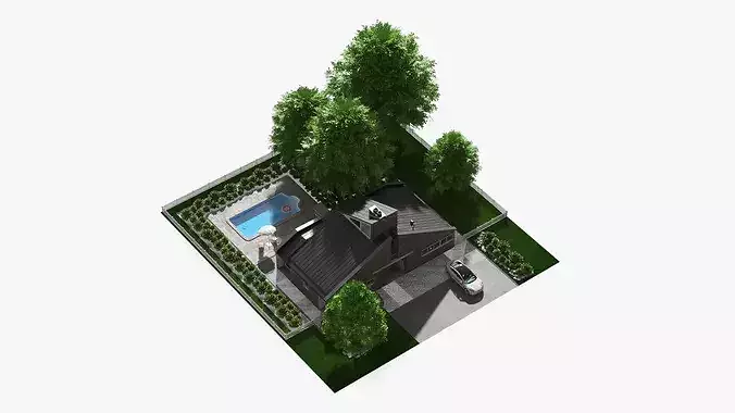 Scene House with Garden Pool and Tesla Exterior Fur 3D model 5