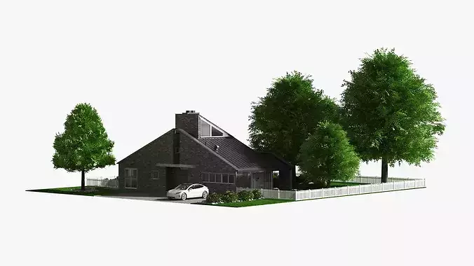 Scene House with Garden Pool and Tesla Exterior Fur 3D model 3