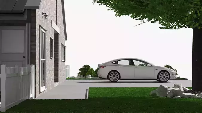 Scene House with Garden Pool and Tesla Exterior Fur 3D model 7