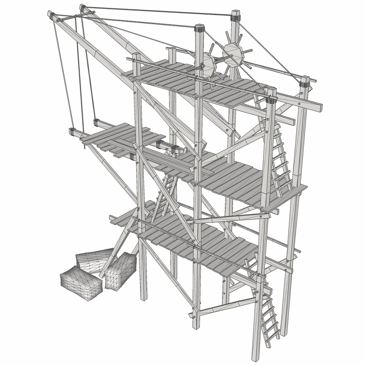Old wooden scaffolding with handle crane 3D model_9