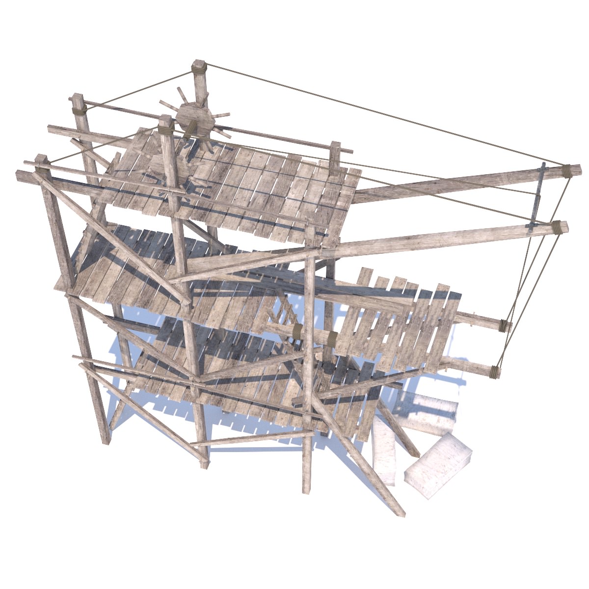 Old wooden scaffolding with handle crane 3D model_3