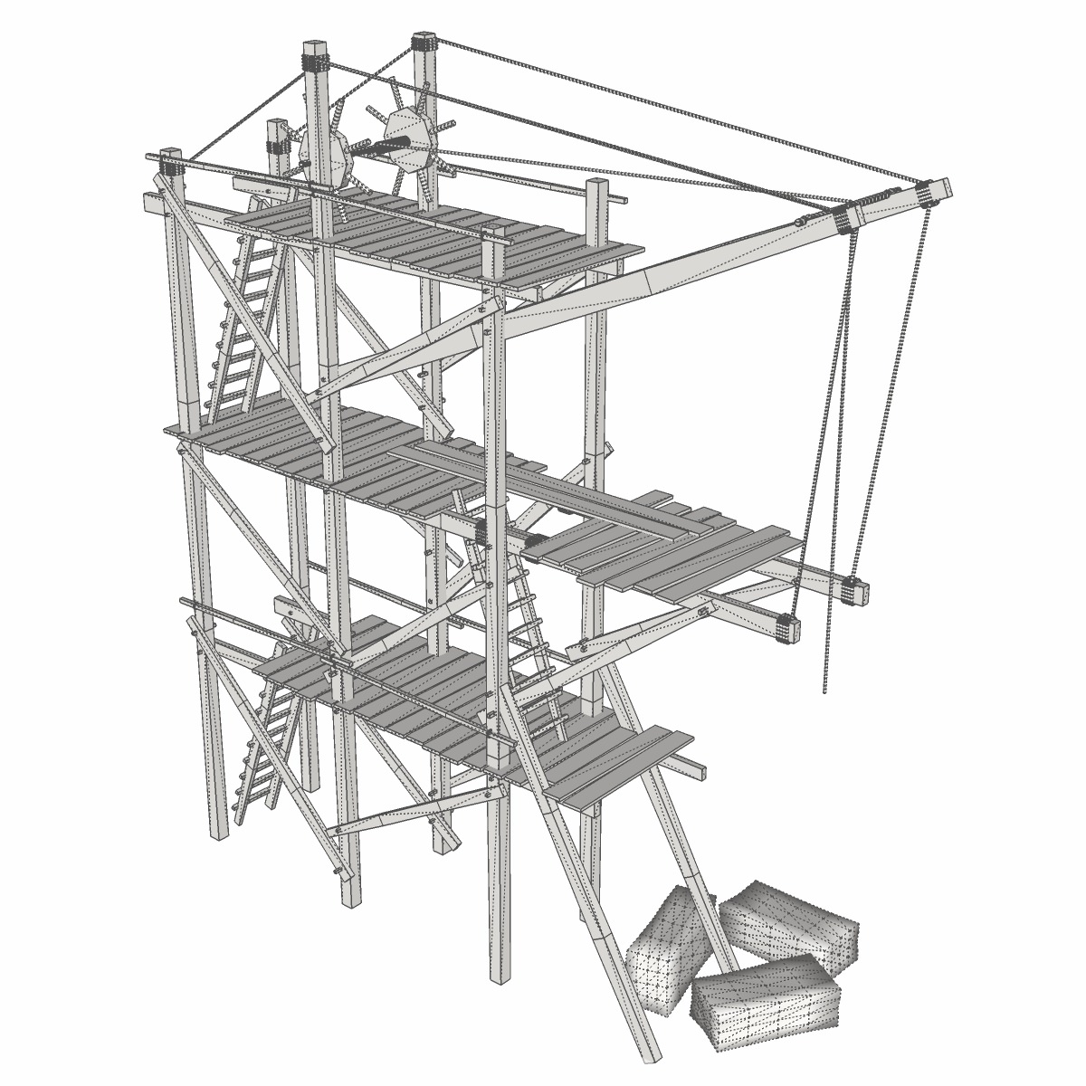 Old wooden scaffolding with handle crane 3D model_7