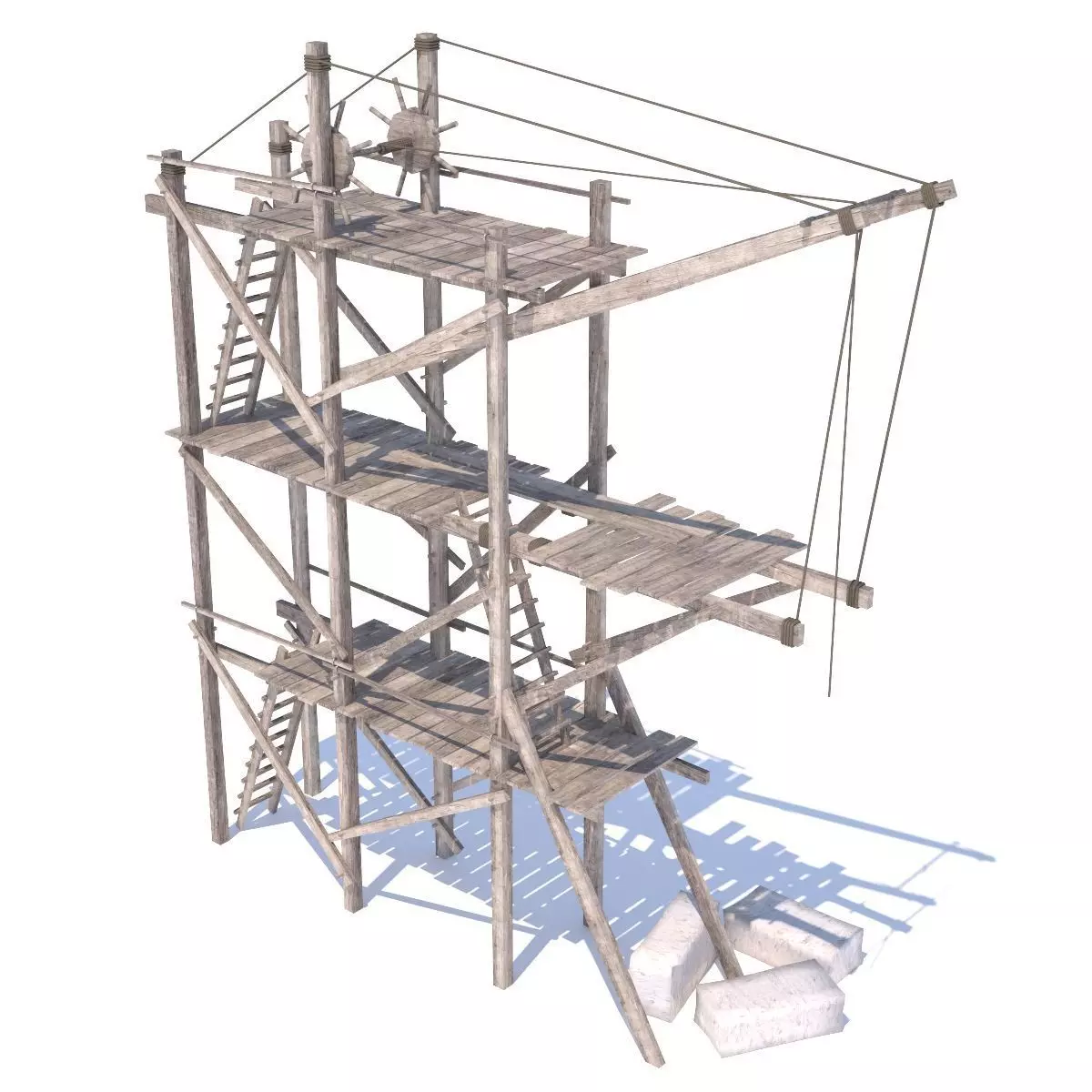 Old wooden scaffolding with handle crane 3D model_0