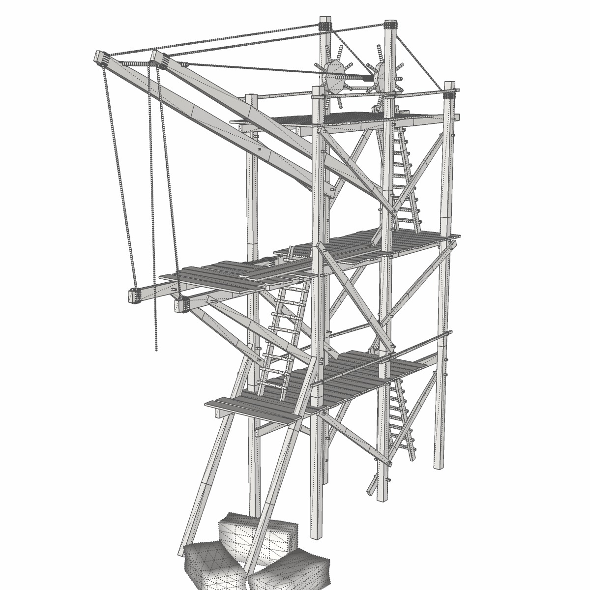 Old wooden scaffolding with handle crane 3D model_8