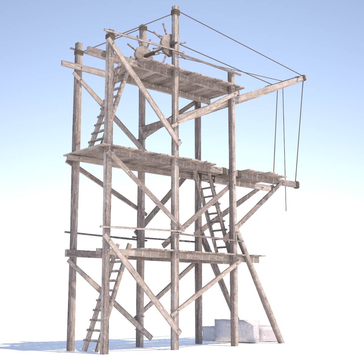 Old wooden scaffolding with handle crane 3D model_4