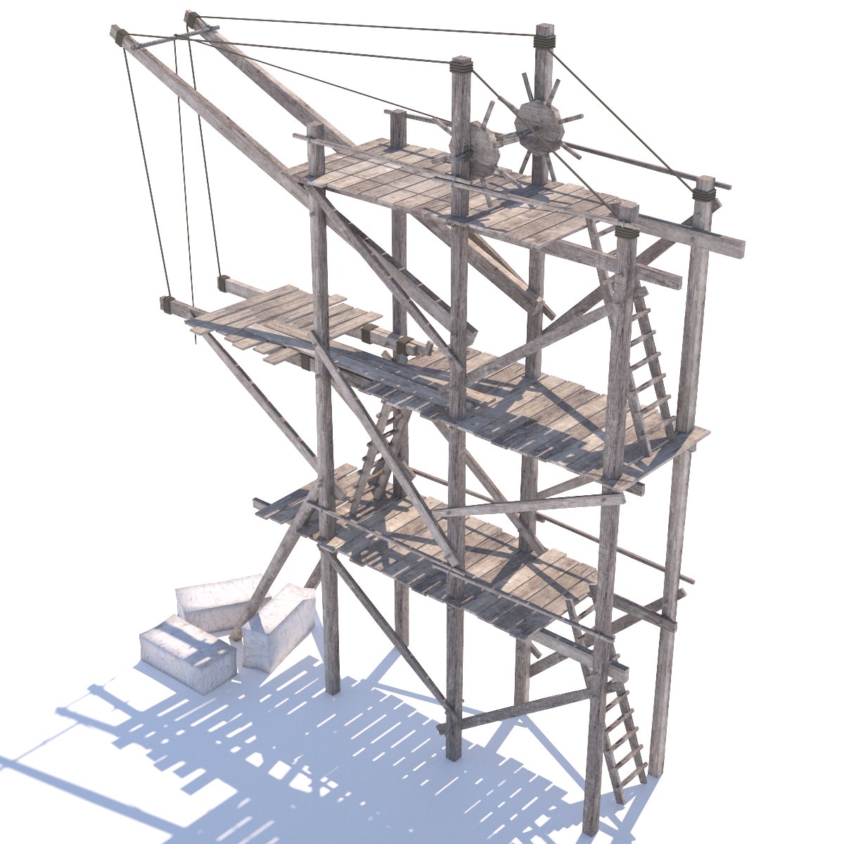Old wooden scaffolding with handle crane 3D model_2