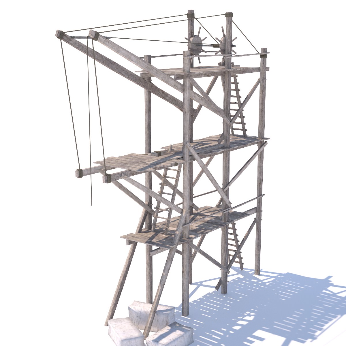 Old wooden scaffolding with handle crane 3D model_1