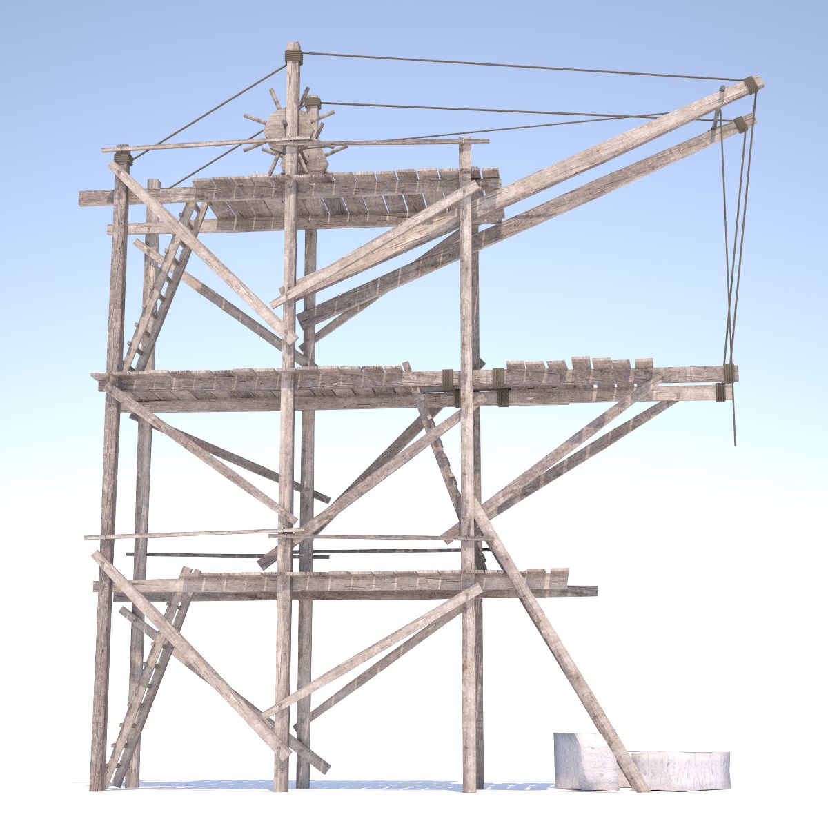 Old wooden scaffolding with handle crane 3D model_5