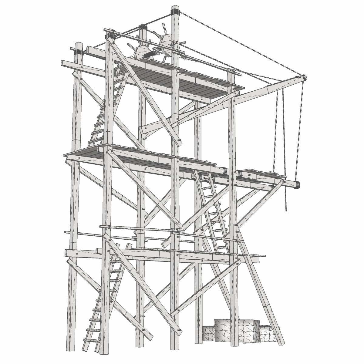 Old wooden scaffolding with handle crane 3D model_10