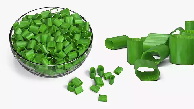 Green Onion Rings in Glass Bowl 3D model 4