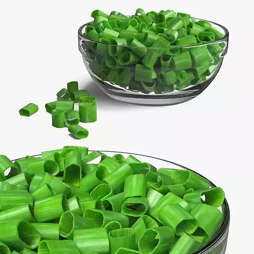 Green Onion Rings in Glass Bowl 3D model