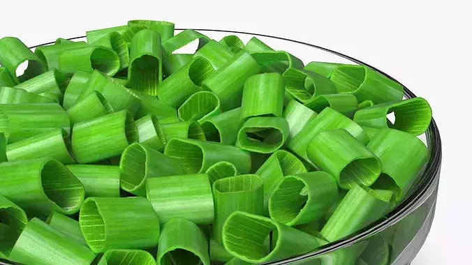 Green Onion Rings in Glass Bowl 3D model 7