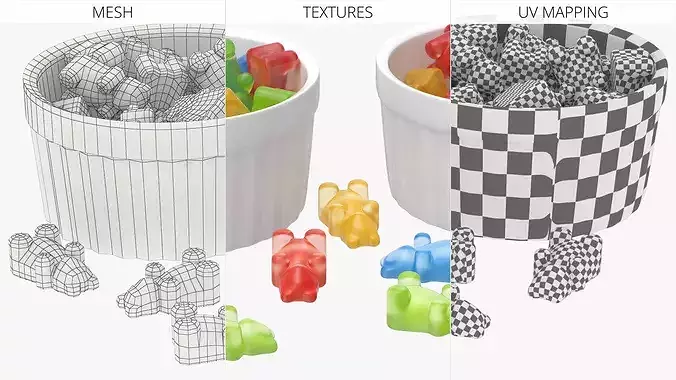 Assorted Bear Gumdrops in Bowl Set Multicolor 3D model 7