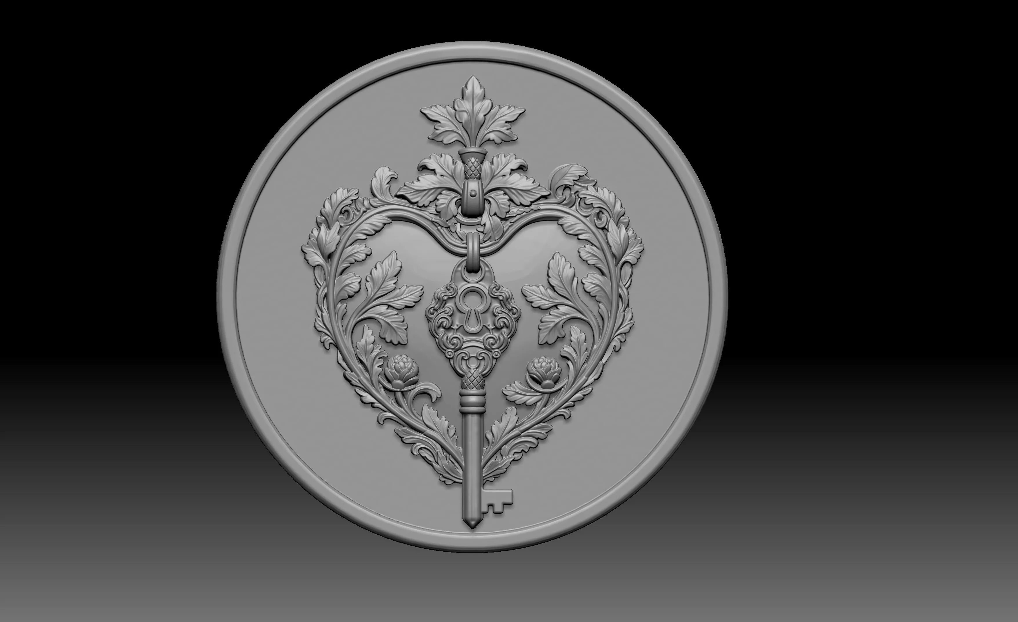 ornate heart-shaped lock and key 3D print model