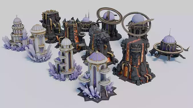 Sci-Fi Magic Crystal and Volcanic Forge Architecture Kit