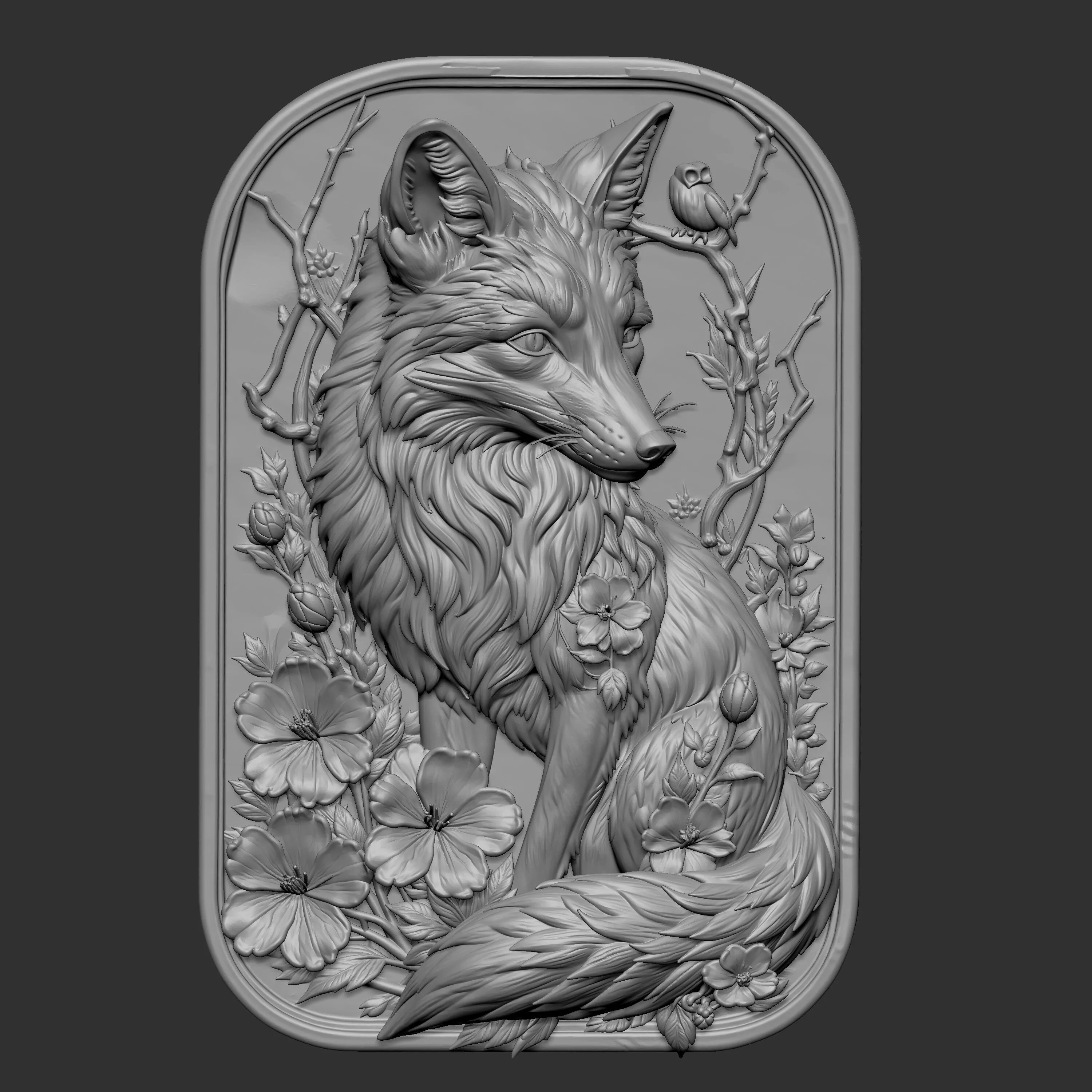 3D relief sculpt of a fox sitting gracefully 3D print model
