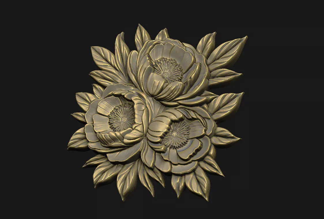 Rose Peony-Blossom Flower-Bouquet Wood-Carving Wall-Decor 3D print model