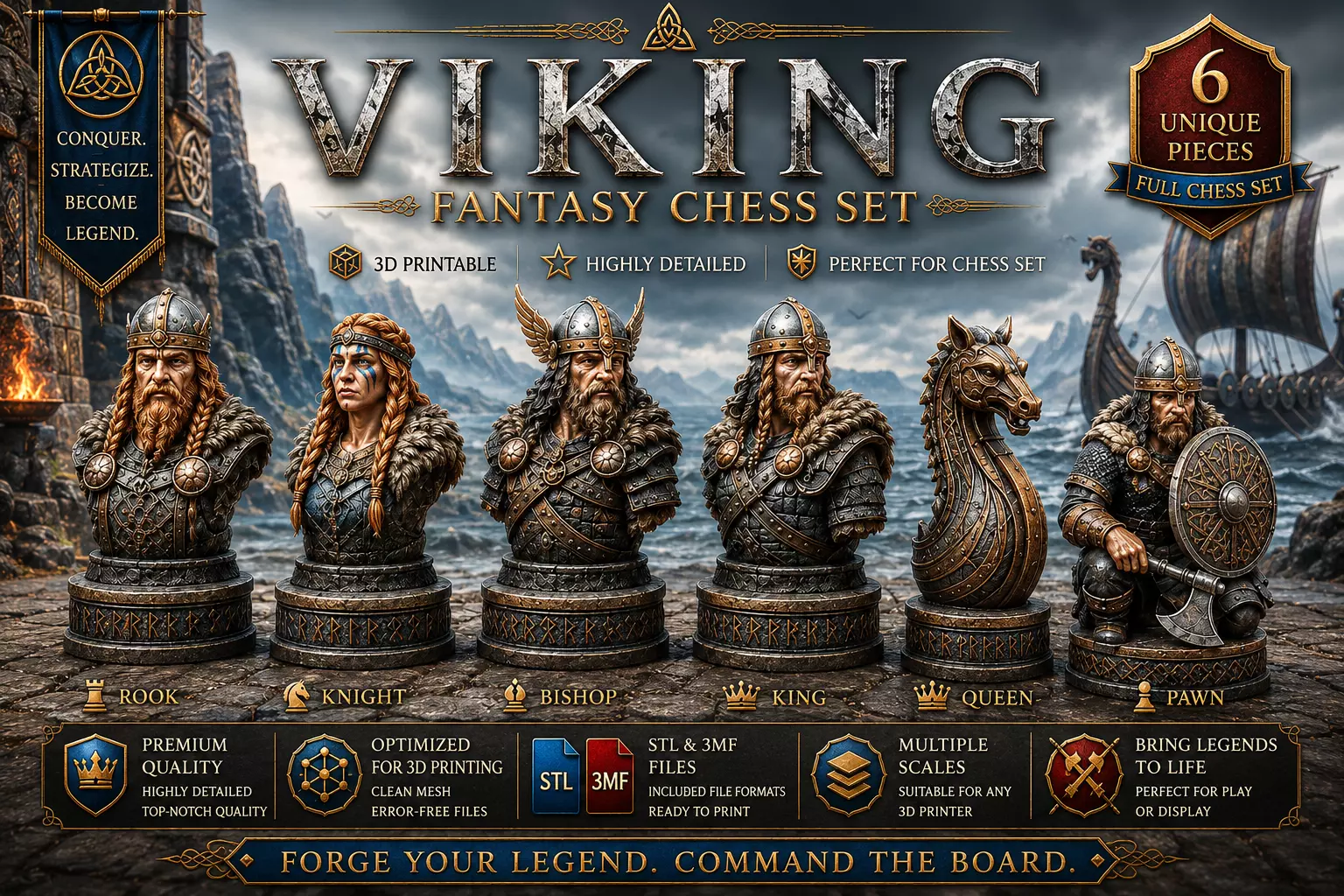 Viking Royal Chess Set STL for 3D Printing 3D print model
