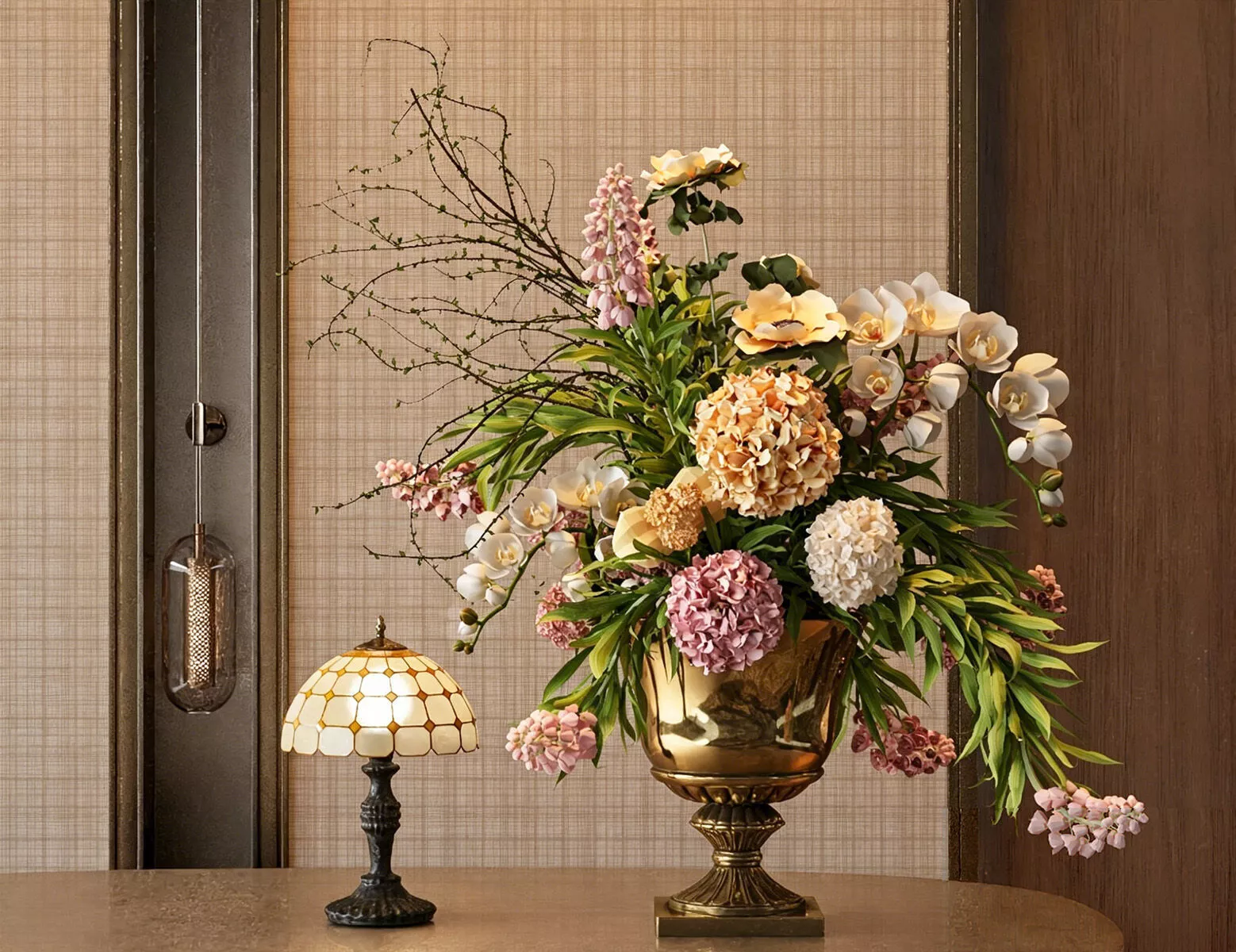 Floral arrangement vase and fresh flowers 3D model