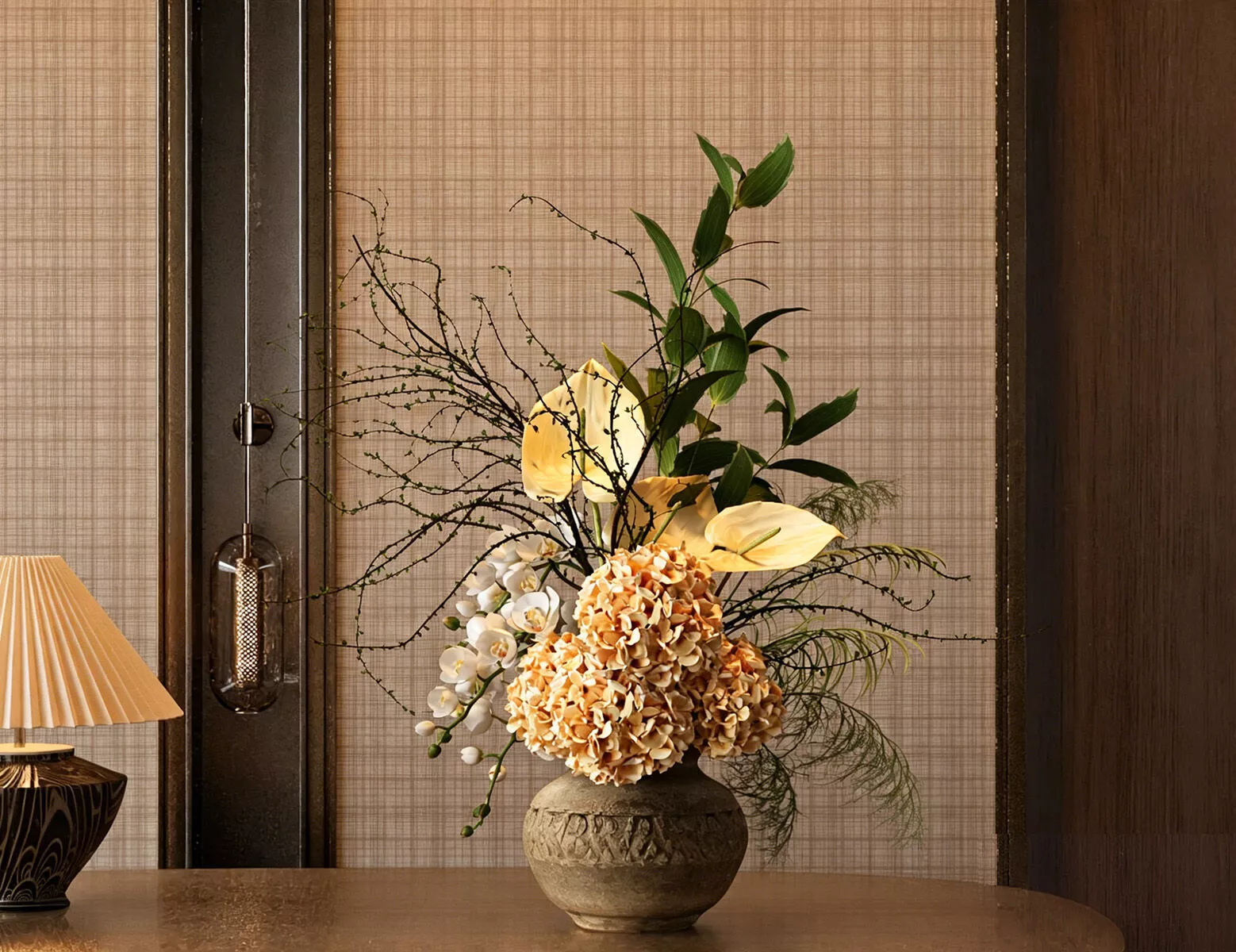 Floral arrangement vase and fresh flowers 3D model