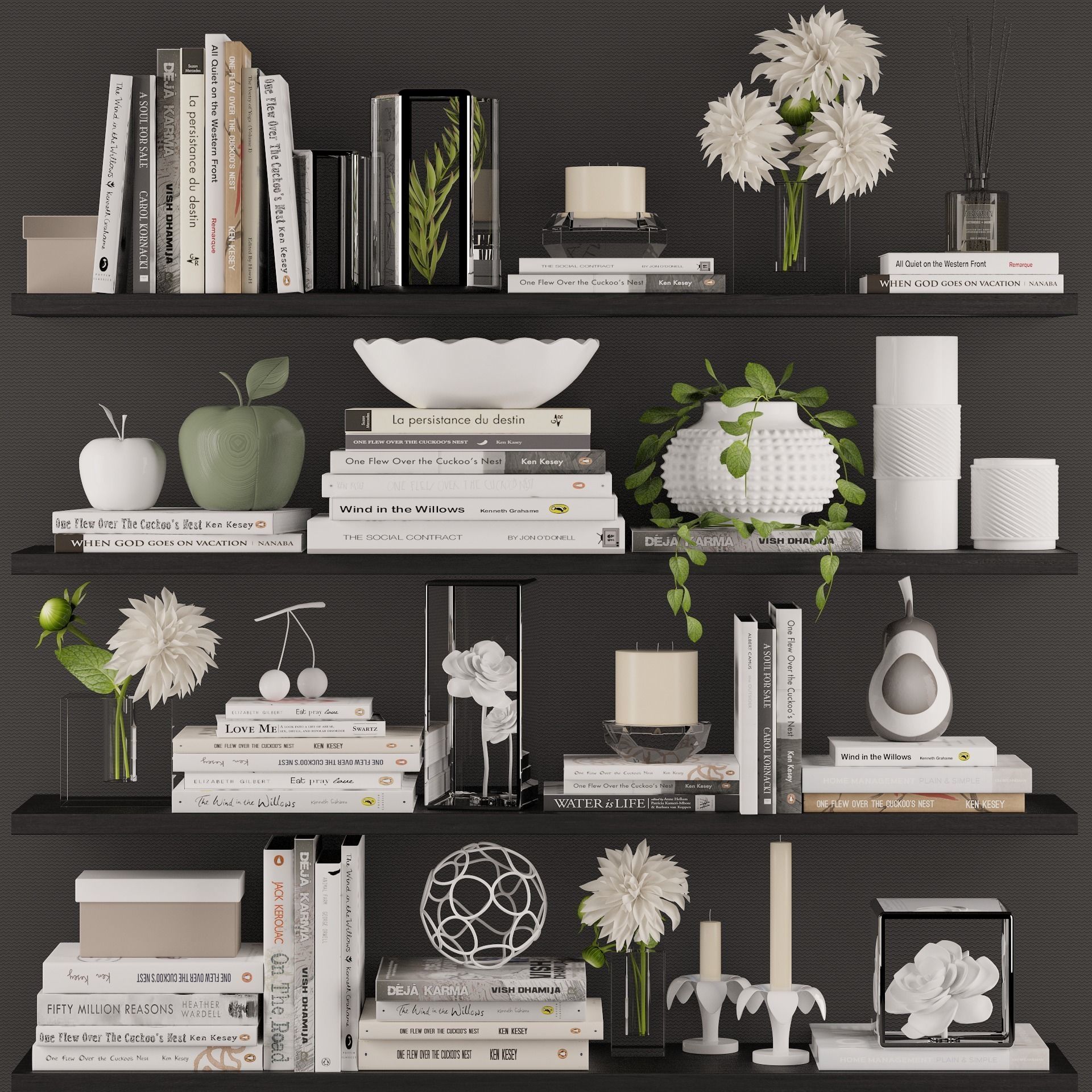Decoration set 3 bookshelves with plants and flowers 3D model