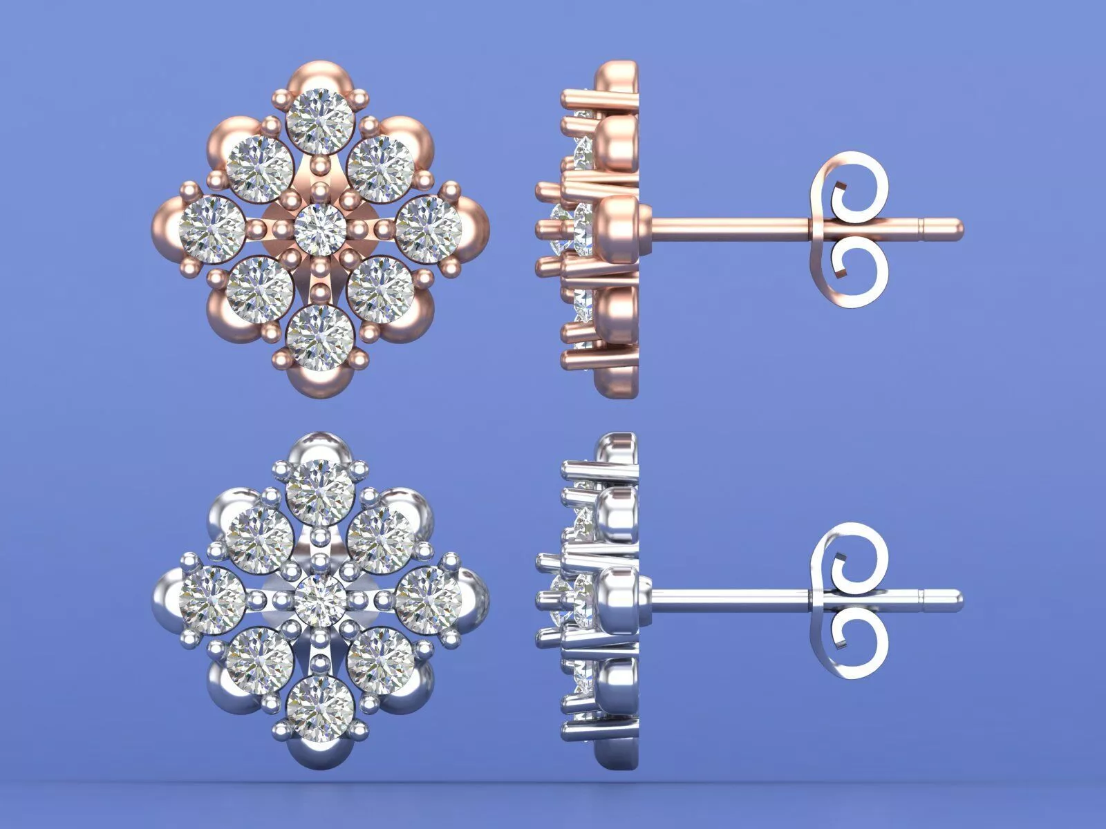 Elegant Diamond Cluster Floral Stud Earrings 3D CAD Jewelry 3D print model