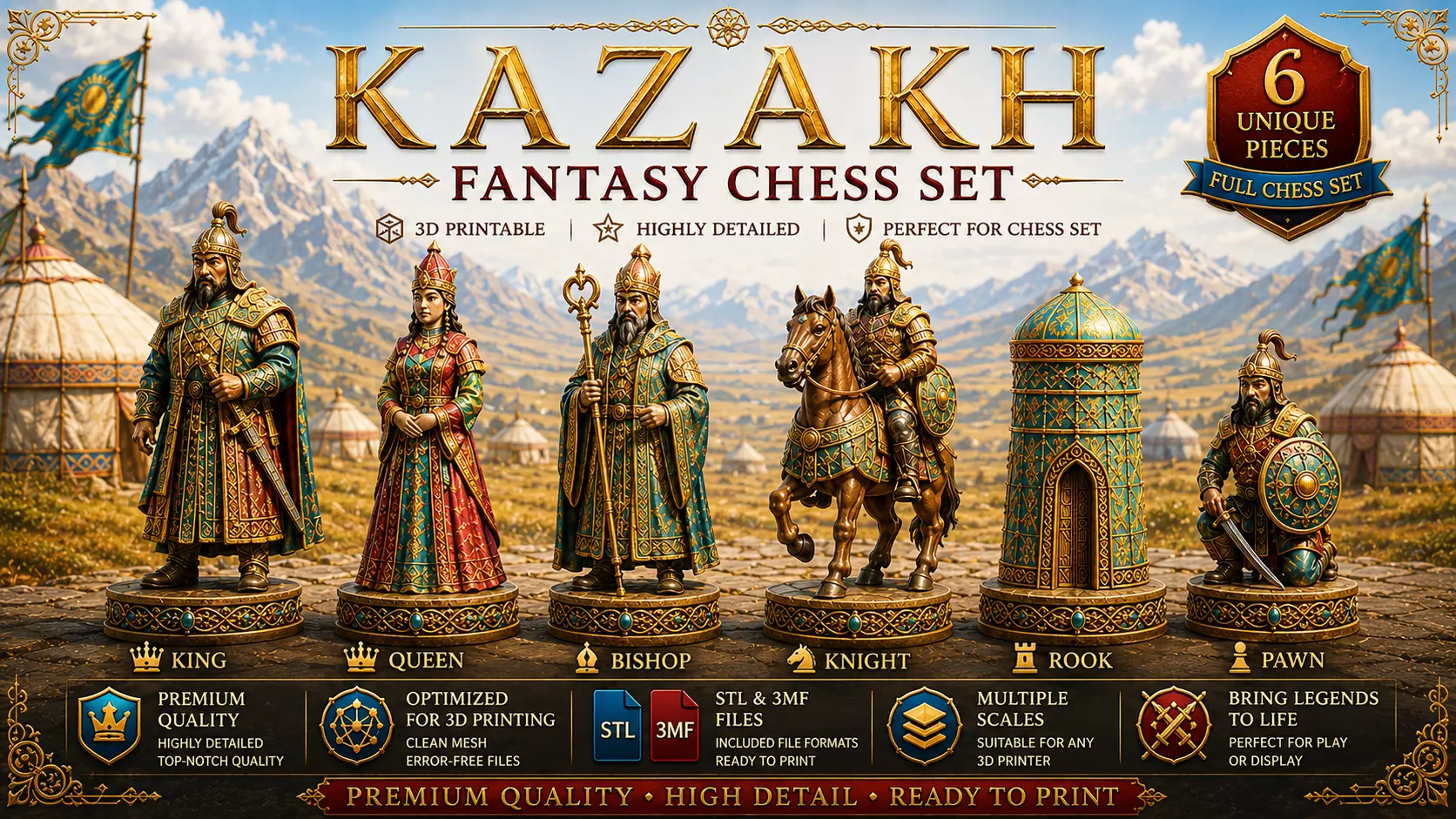 Kazakh Fantasy Chess Set 3D print model