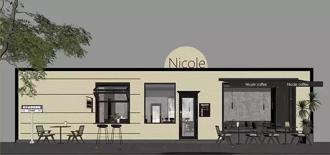 Modern Minimalist Cafe Interior and Exterior 3D model 4