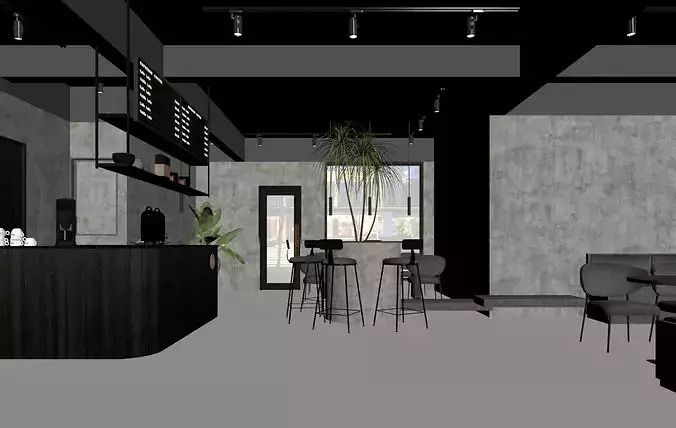 Modern Minimalist Cafe Interior and Exterior 3D model 3