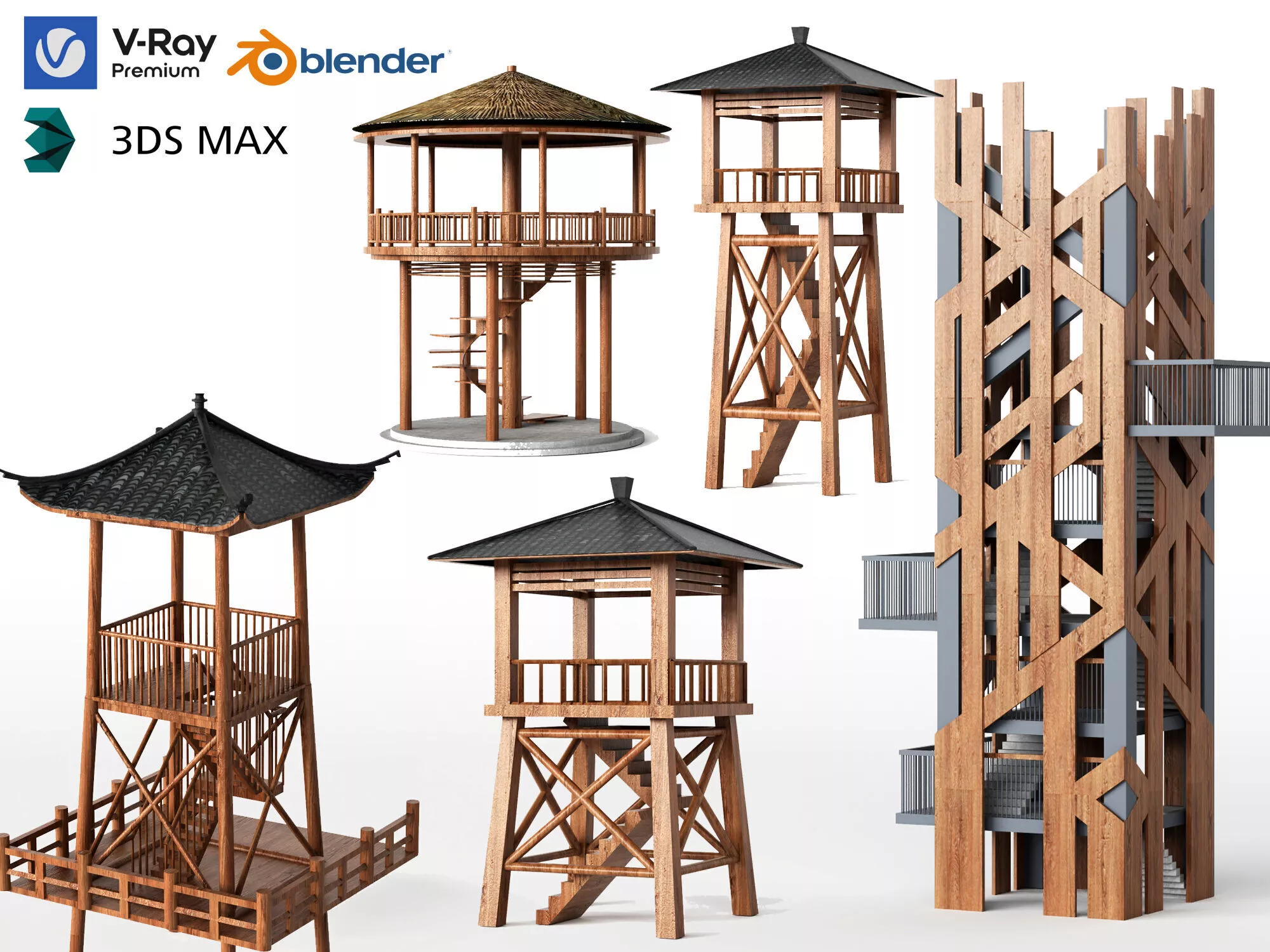 Wooden Pavilions Towers and Scenic Observation Towers Low-poly 3D model