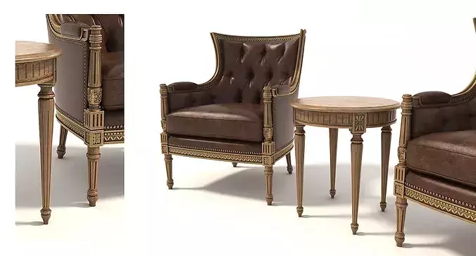 Classic French Leather Armchair and Round Table Set 3D model 3