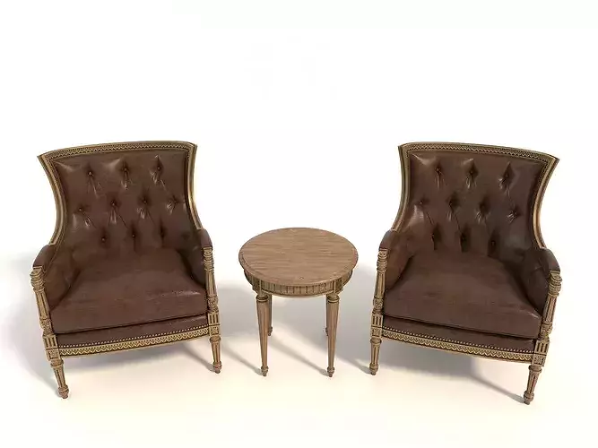 Classic French Leather Armchair and Round Table Set 3D model 2