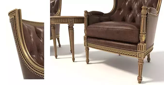 Classic French Leather Armchair and Round Table Set 3D model 4