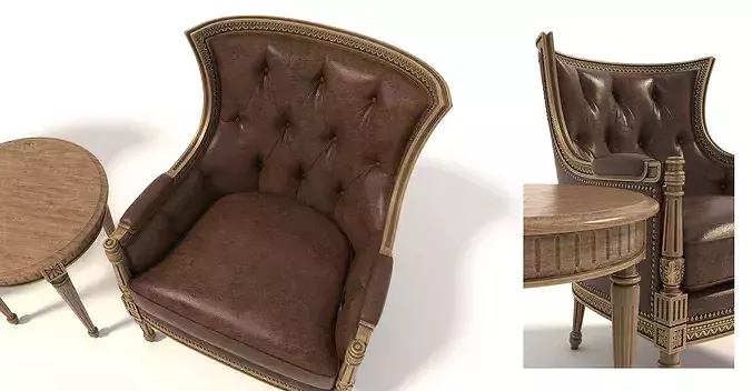 Classic French Leather Armchair and Round Table Set 3D model 5
