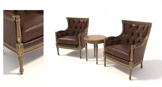 Classic French Leather Armchair and Round Table Set 3D model