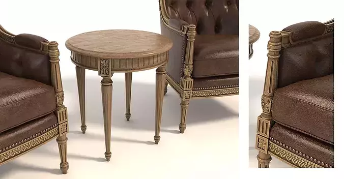 Classic French Leather Armchair and Round Table Set 3D model 6