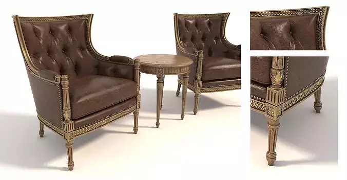 Classic French Leather Armchair and Round Table Set 3D model 7