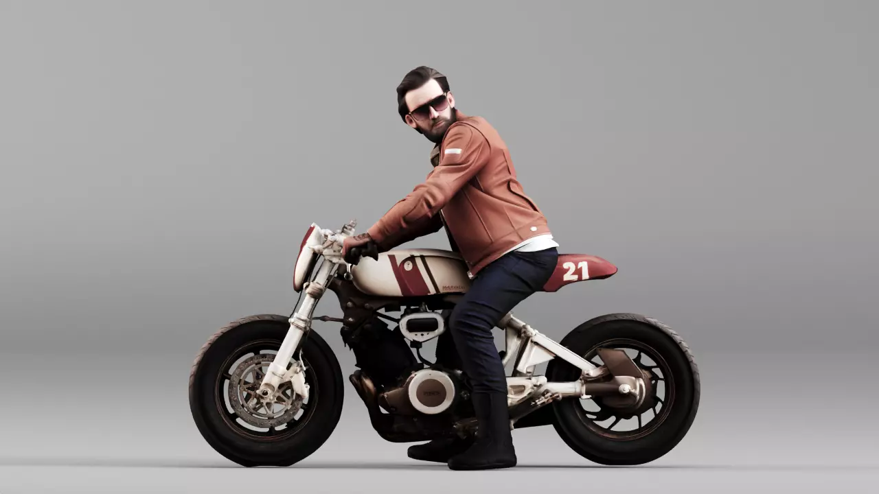 S00205 Realistic Male Rider on Vintage Cafe Racer Motorcycle 3D model